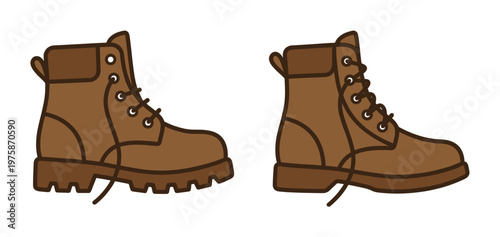 A vector icon set of two brown hiking boots. Rugged footwear illustration for work, travel, or fashion concepts. Ideal for web design and infographics.