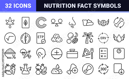 Healthy food and nutrition outline icons for diet planning and wellness apps