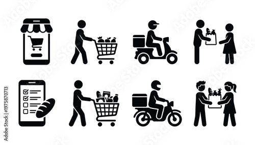 Set of icons showing the online grocery shopping process. Includes ordering via app, courier delivery by scooter, and receiving food. Perfect for e-commerce.