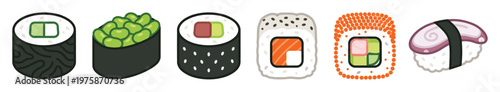 A vector set of various Japanese sushi icons, including maki, nigiri, and uramaki rolls. Perfect for restaurant menus, food blogs, or Asian cuisine designs.