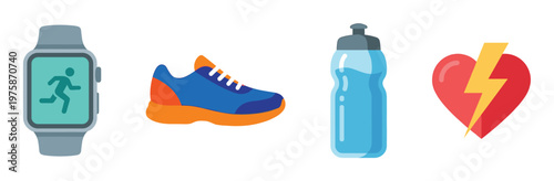 Set of sport and fitness icons for a healthy running lifestyle. Includes a smartwatch, shoe, water bottle, and heart symbol for wellness apps and graphics.