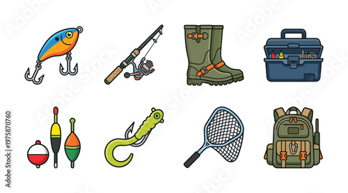 A vector set of fishing equipment icons. Includes lure, rod, boots, tackle box for outdoor sport or hobby design. Flat cartoon style illustration for web or print.