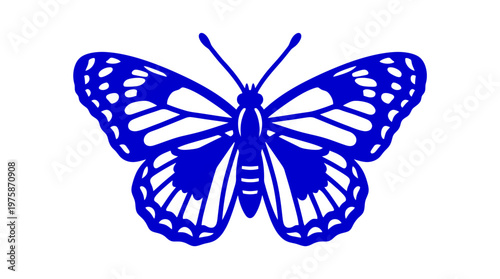Blue butterfly vector illustration, monarch butterfly silhouette with intricate wing patterns, cobalt blue insect icon isolated on white background