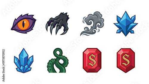 Set of fantasy magic icons for RPG games. Vector collection of monster eye, claw, crystal, tentacle, and rune assets for fantasy user interface design.
