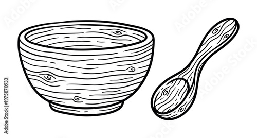 Hand drawn wooden bowl and spoon illustration. Rustic tableware sketch for cafe menus, food blogs, or eco-friendly product design. Vector line art of natural utensils.