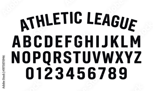 Bold athletic league sport font. Vintage college style typeface with alphabet and numbers for team logos, t-shirts, and branding. Vector typography set.