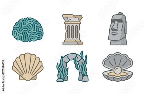 A set of vector icons featuring ancient history and nature symbols like a brain, column, and pearl. Perfect for web, apps, and educational design projects.
