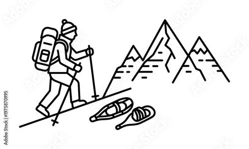 A hiker climbs a snowy mountain in winter. Minimalist line art vector icon for travel, adventure, sport, and outdoor exploration themes.