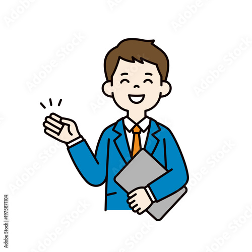 ノートパソコンを片手に持って、案内・説明するビジネスマンの上半身ベクターイラスト素材