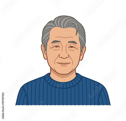 Vector portrait of a gentle elderly Asian man with grey hair. A kind senior citizen character illustration for avatars, healthcare, or retirement concepts.