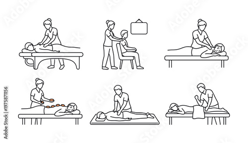 A set of massage therapy and spa line icons. Includes back, neck, chair, and hot stone treatments for wellness, relaxation, and physiotherapy concepts. Vector art.