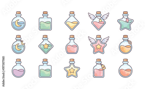 A cute collection of magic potion bottles. Vector set with elixirs, moons, and stars for fantasy games, stickers, or alchemy designs. Whimsical and colorful.