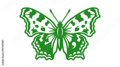 Green butterfly vector icon, decorative nature insect silhouette, ornate butterfly wing pattern design, botanical garden graphic element