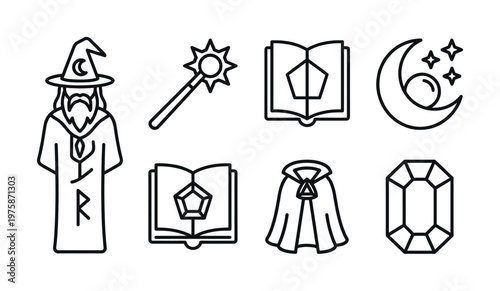 A set of wizard and magic line icons. Includes a sorcerer, wand, spell book, and crystal. Perfect for fantasy games, apps, and websites.