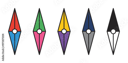 Set of colorful abstract geometric pointer icons. Vector pen tool or marker symbol collection for creative design, branding, and UI elements. Modern flat style.