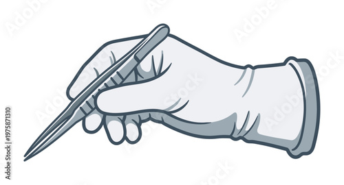 A surgeon or scientist hand in a sterile glove holds tweezers. A vector illustration for medicine, science, laboratory, or beauty concepts.