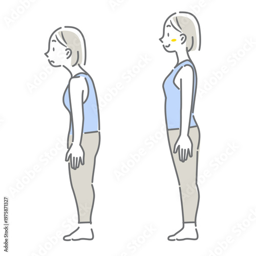 良い姿勢と悪い姿勢　巻き肩　猫背　シンプルでお洒落な線画イラスト