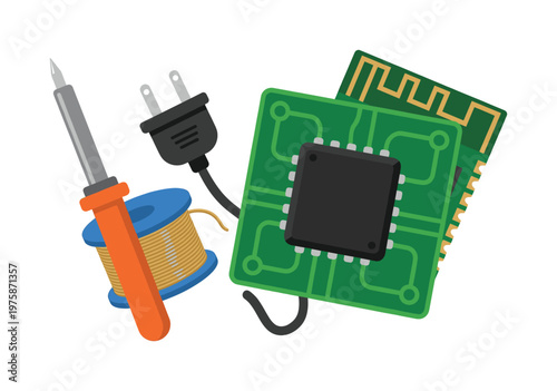 Vector illustration of electronics repair tools. A soldering iron, solder, and a microchip on a circuit board. Icon for technology, engineering, or DIY projects.