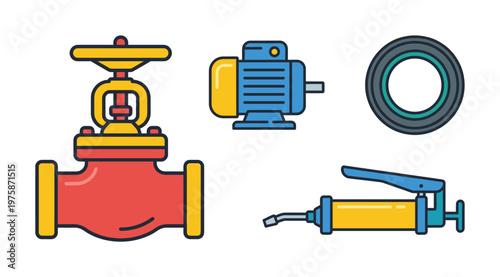 Set of colorful industrial machine parts icons. Includes a valve, electric motor, O-ring, and grease gun. Flat vector style for technical or engineering use.