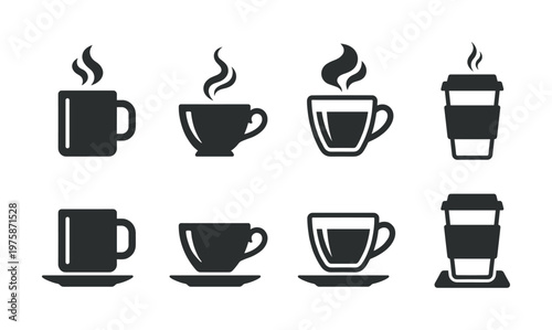 A set of black coffee cup icons. Vector collection of mug, teacup, and takeaway cup silhouettes. Perfect for a cafe menu, logo, web, and app design.