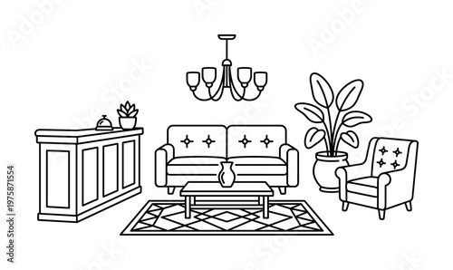 Line art illustration of a hotel lobby or lounge area interior with furniture. Minimalist vector design for hospitality, real estate, and decor concepts.