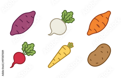 A cute, colorful set of six root vegetable icons. This cartoon vector collection includes a potato, carrot, radish, and turnip for farm and healthy food concepts.