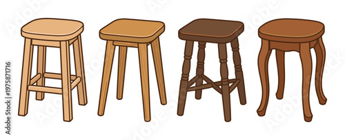 Set of four wooden stools in various styles, from modern to classic. Vector illustration perfect for furniture catalogs, interior design, and home decor concepts.