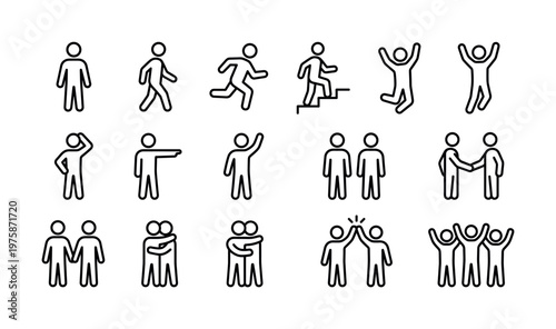 A set of people line icons showing various actions and interactions like teamwork and communication. Vector pictogram collection for business, web, and infographic design.