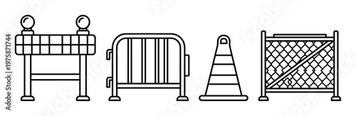 Set of road barrier line icons. Includes construction fence, traffic cone, and safety barricade. Vector illustration for warning, traffic control themes.