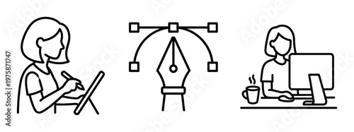 Set of minimalist line icons for graphic design. A woman draws on a tablet, a vector pen tool, and a person at a computer. For UI and creative projects.