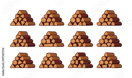 A set of cartoon firewood stack illustrations. Vector log piles perfect for rustic designs, camping graphics, winter themes, and heating concepts. Natural and cozy.