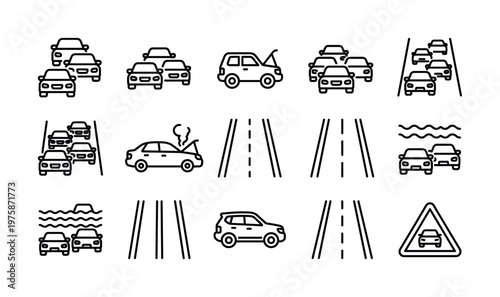 A set of line icons depicting traffic, cars, road signs, and transport issues like accidents. Perfect for UI, web design, and infographics.