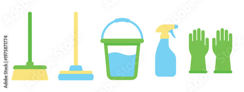 Set of household cleaning tools vector icons. Includes broom, mop, bucket, spray, and gloves. Perfect for cleaning service or housekeeping concepts.