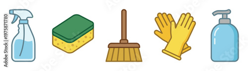 Vector icon set of cleaning supplies. Includes spray bottle, sponge, broom, gloves, and soap dispenser. Flat simple design for housekeeping or hygiene concept.