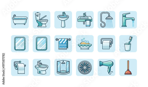 Collection of modern bathroom and hygiene vector icons. Clean, filled outline style. Use for web, app, infographics, or plumbing and sanitary ware design.