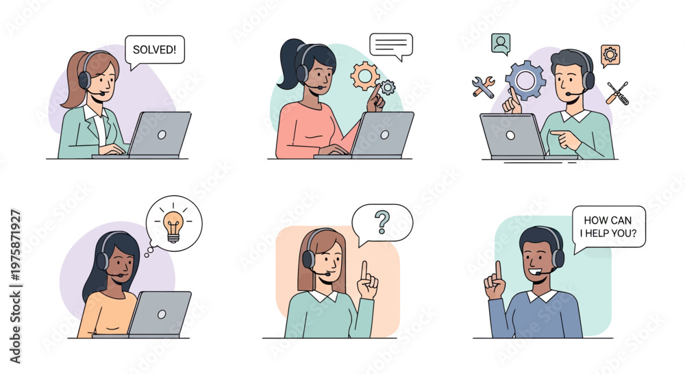 Fototapeta premium Professional customer service representatives with headsets and laptops working in call center, solving technical problems and helping clients, vector illustration set