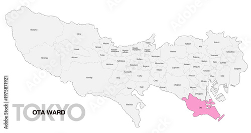 [日本地図] 東京都大田区の市区町村名入り位置地図 (英語)