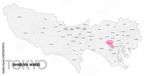 [日本地図] 東京都渋谷区の市区町村名入り位置地図 (英語)