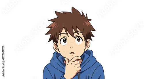 Anime Style Boy Thinking with Pensive Expression and Hand on Chin, Manga Character Illustration