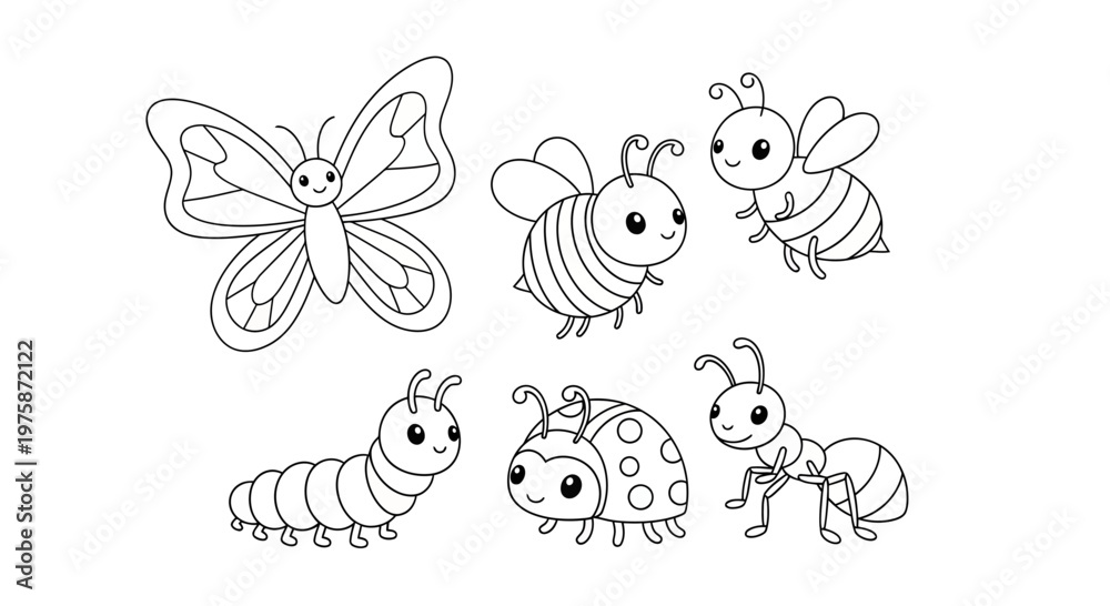 Fototapeta premium Cute Cartoon Insects Coloring Page Set for Kids featuring Butterfly, Bee, Ladybug, Caterpillar and Ant Line Art Illustration
