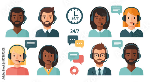 Customer Service Support Team Avatars Set with Diverse People Wearing Headsets and 24/7 Service Icons for Call Center Communication