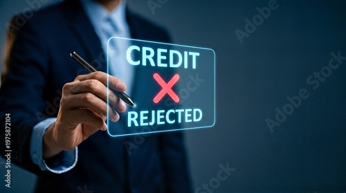 A businessman marks a virtual screen as credit rejected, in a dim office.
