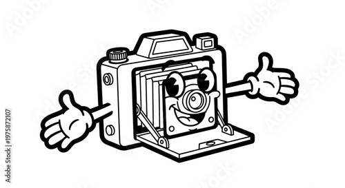 Vintage Cartoon Camera Mascot Character with Open Arms, Retro Bellows Camera Vector Illustration in Black and White Line Art Style