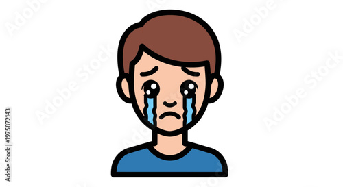 Sad Boy Crying with Tears Illustration, Cartoon Male Character Expressing Sorrow, Grief and Emotional Pain Vector Icon