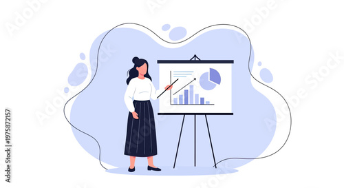 Businesswoman giving a presentation pointing at a flipchart with data charts and graphs for analysis and planning