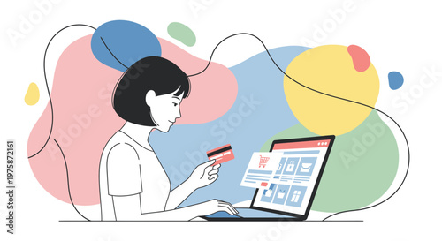 Young Woman Shopping Online with Laptop and Credit Card, E-commerce and Digital Payment Concept Vector Illustration