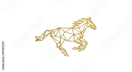 Golden Geometric Horse Galloping Logo Design, Low Poly Stallion Vector Illustration Isolated on White Background