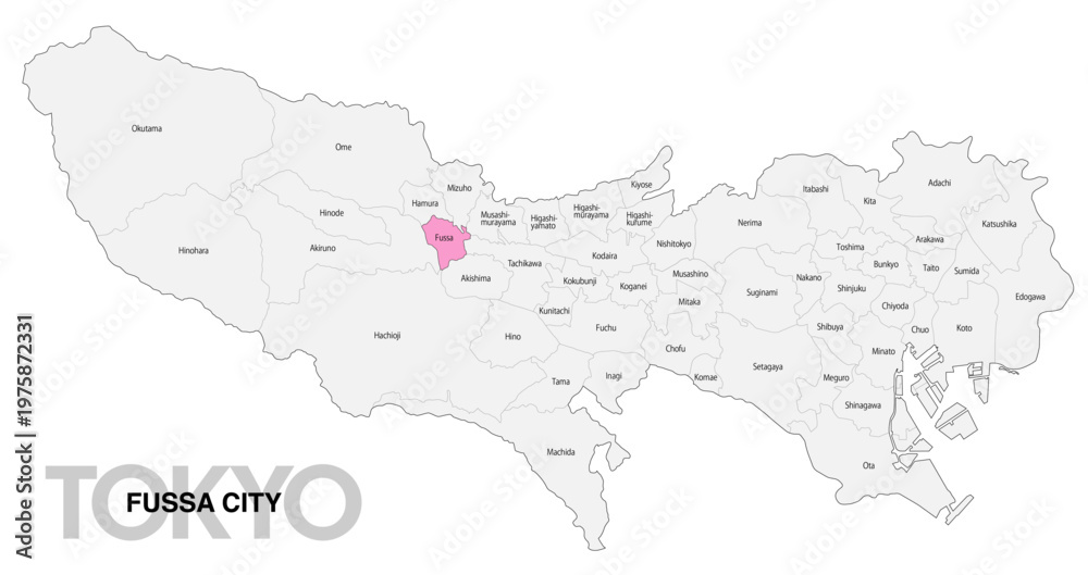 Fototapeta premium [日本地図] 東京都福生市の市区町村名入り位置地図 (英語)