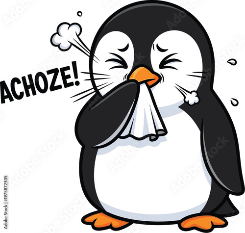 A cartoon penguin sneezing into a tissue with a shocked expression