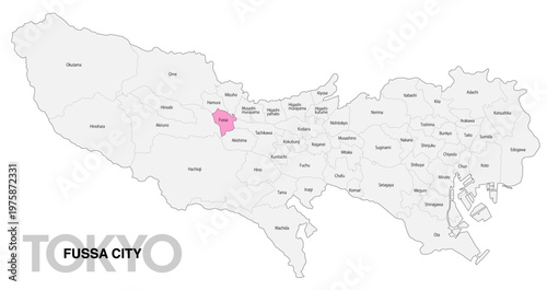 [日本地図] 東京都福生市の市区町村名入り位置地図 (英語)